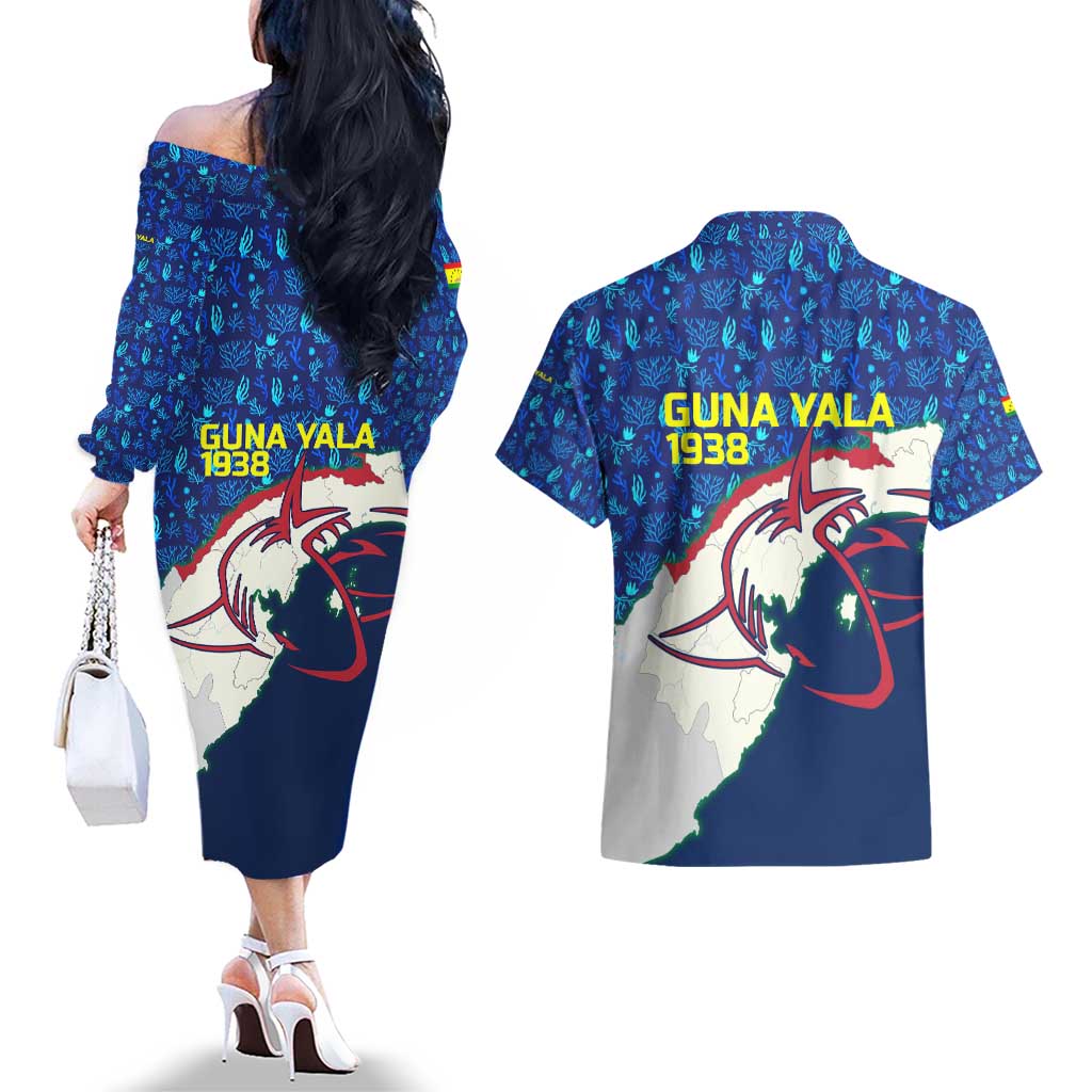 Indigenous Regions of Panama Guna Yala Couples Matching Off The Shoulder Long Sleeve Dress and Hawaiian Shirt with Regional Map Lobster Graphic and Coral Pattern 1938 - Wonder Print Shop