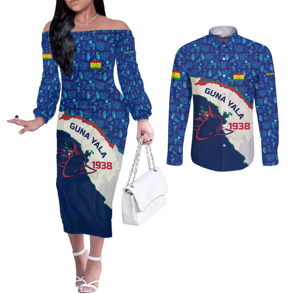 Indigenous Regions of Panama Guna Yala Couples Matching Off The Shoulder Long Sleeve Dress and Long Sleeve Button Shirt with Regional Map Lobster Graphic and Coral Pattern 1938 - Wonder Print Shop