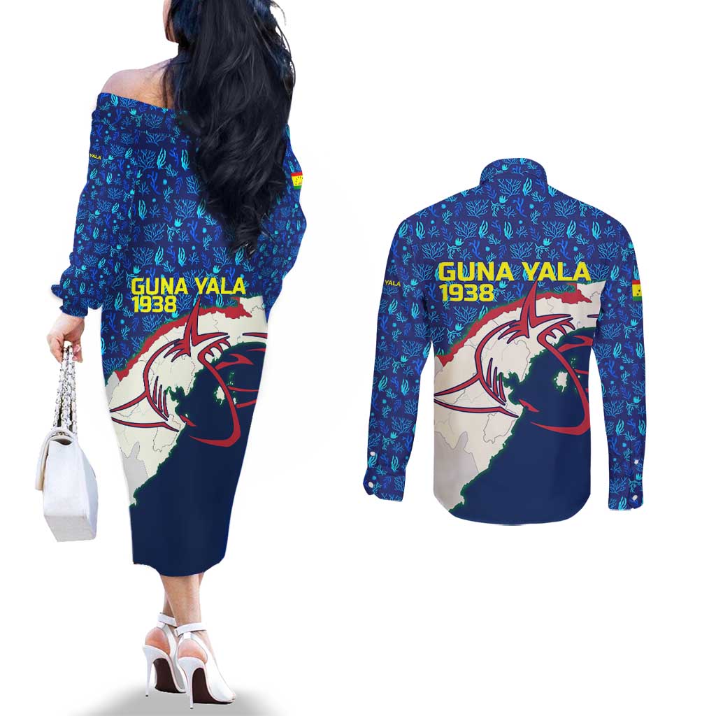 Indigenous Regions of Panama Guna Yala Couples Matching Off The Shoulder Long Sleeve Dress and Long Sleeve Button Shirt with Regional Map Lobster Graphic and Coral Pattern 1938 - Wonder Print Shop