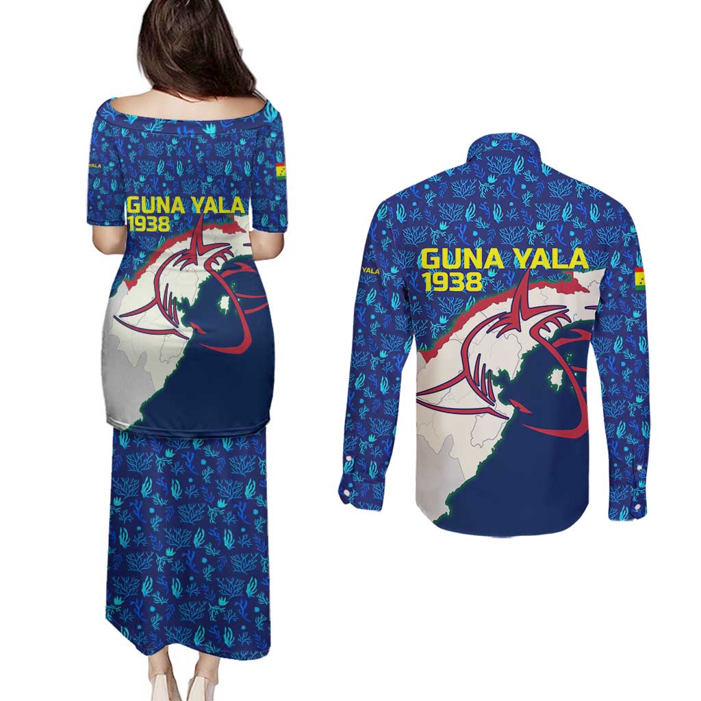 Indigenous Regions of Panama Guna Yala Couples Matching Puletasi and Long Sleeve Button Shirt with Regional Map Lobster Graphic and Coral Pattern 1938 - Wonder Print Shop