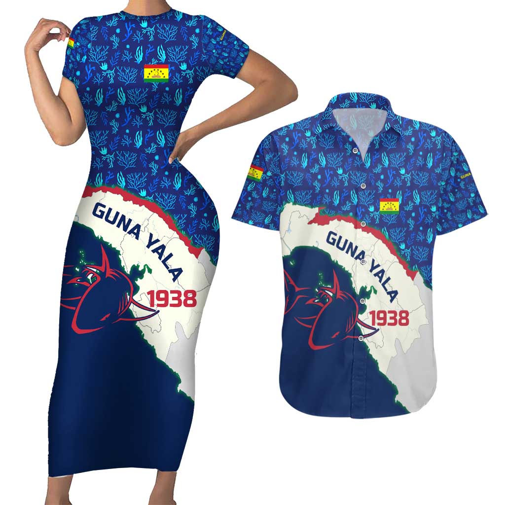 Indigenous Regions of Panama Guna Yala Couples Matching Short Sleeve Bodycon Dress and Hawaiian Shirt with Regional Map Lobster Graphic and Coral Pattern 1938 - Wonder Print Shop