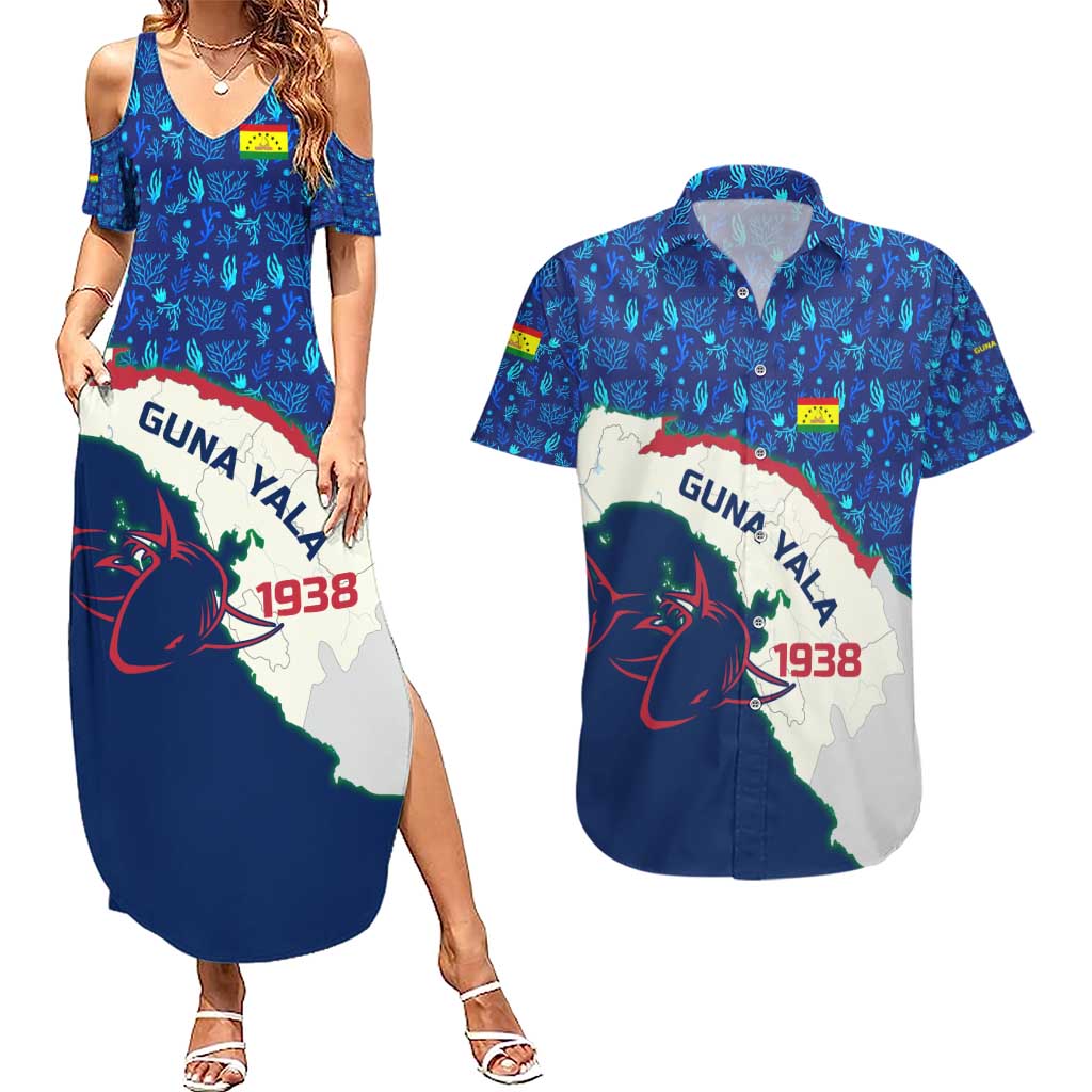 Indigenous Regions of Panama Guna Yala Couples Matching Summer Maxi Dress and Hawaiian Shirt with Regional Map Lobster Graphic and Coral Pattern 1938 - Wonder Print Shop