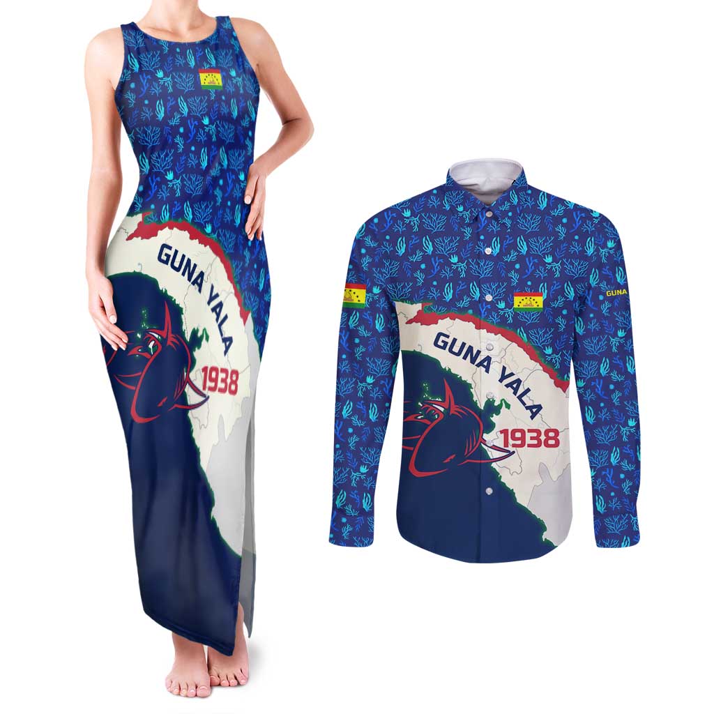 Indigenous Regions of Panama Guna Yala Couples Matching Tank Maxi Dress and Long Sleeve Button Shirt with Regional Map Lobster Graphic and Coral Pattern 1938 - Wonder Print Shop