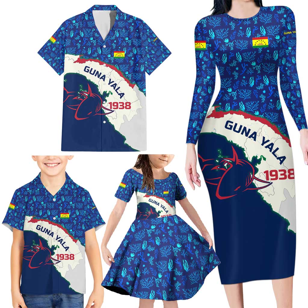 Indigenous Regions of Panama Guna Yala Family Matching Long Sleeve Bodycon Dress and Hawaiian Shirt with Regional Map Lobster Graphic and Coral Pattern 1938 - Wonder Print Shop