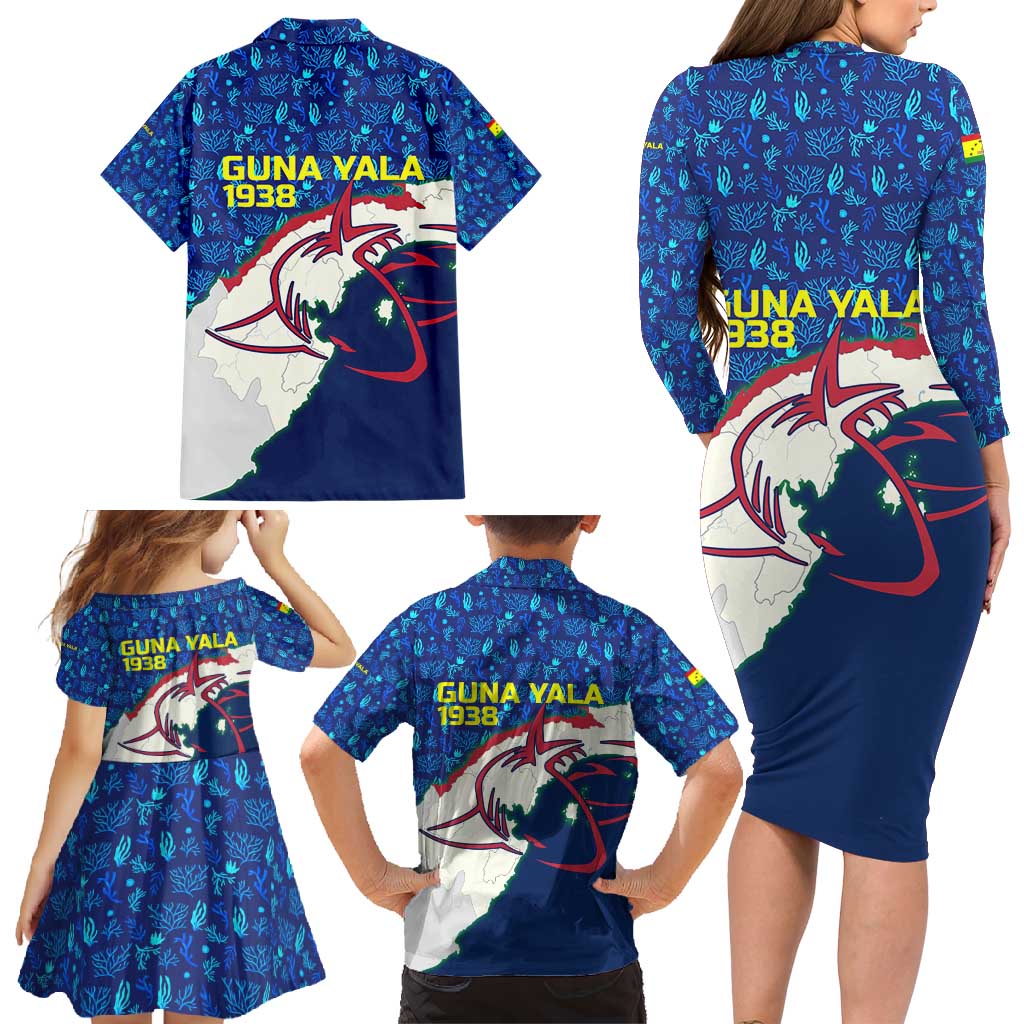 Indigenous Regions of Panama Guna Yala Family Matching Long Sleeve Bodycon Dress and Hawaiian Shirt with Regional Map Lobster Graphic and Coral Pattern 1938 - Wonder Print Shop