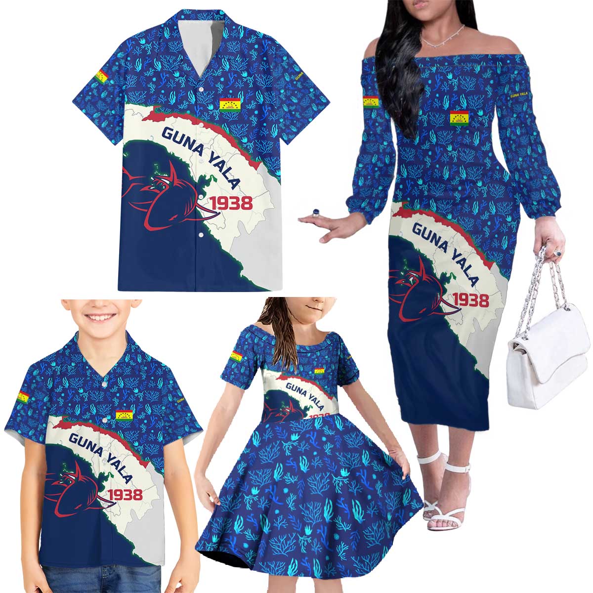 Indigenous Regions of Panama Guna Yala Family Matching Off The Shoulder Long Sleeve Dress and Hawaiian Shirt with Regional Map Lobster Graphic and Coral Pattern 1938 - Wonder Print Shop