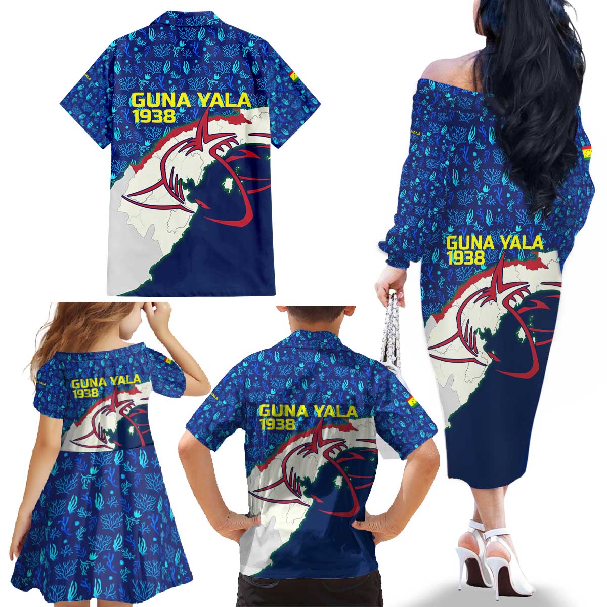 Indigenous Regions of Panama Guna Yala Family Matching Off The Shoulder Long Sleeve Dress and Hawaiian Shirt with Regional Map Lobster Graphic and Coral Pattern 1938 - Wonder Print Shop