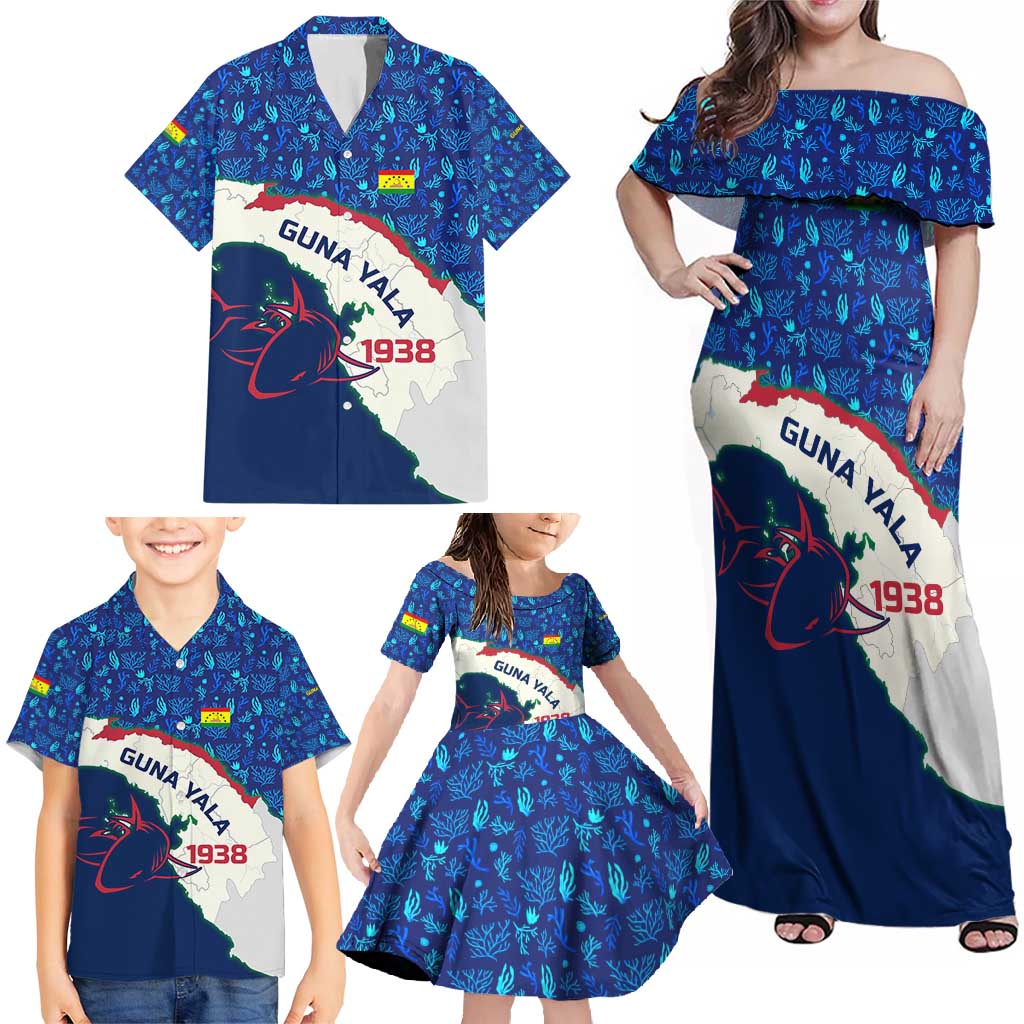 Indigenous Regions of Panama Guna Yala Family Matching Off Shoulder Maxi Dress and Hawaiian Shirt with Regional Map Lobster Graphic and Coral Pattern 1938 - Wonder Print Shop