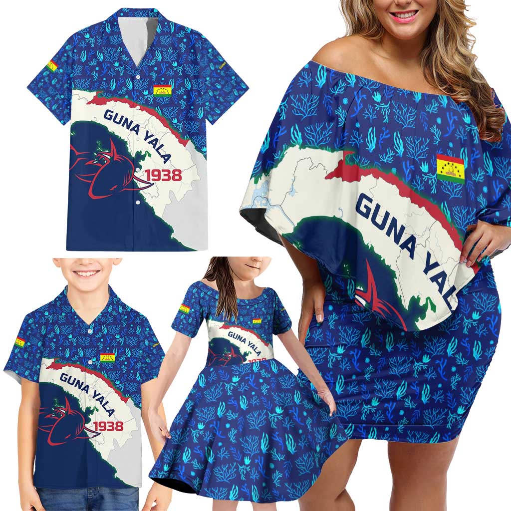 Indigenous Regions of Panama Guna Yala Family Matching Off Shoulder Short Dress and Hawaiian Shirt with Regional Map Lobster Graphic and Coral Pattern 1938 - Wonder Print Shop