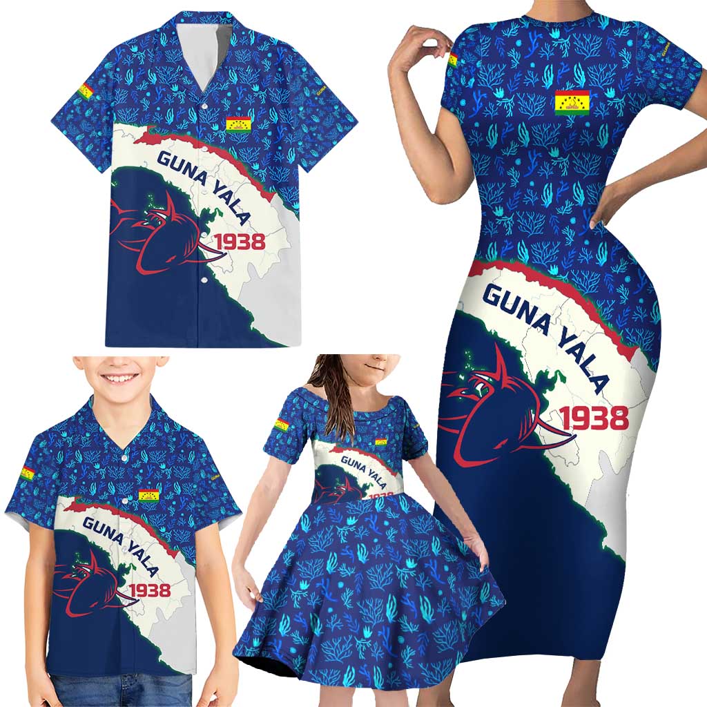 Indigenous Regions of Panama Guna Yala Family Matching Short Sleeve Bodycon Dress and Hawaiian Shirt with Regional Map Lobster Graphic and Coral Pattern 1938 - Wonder Print Shop