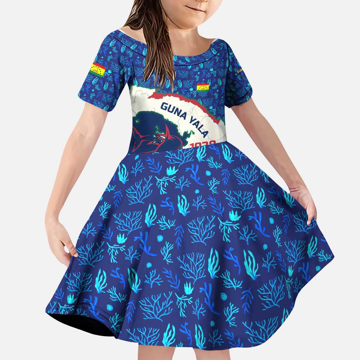 Indigenous Regions of Panama Guna Yala Kid Short Sleeve Dress with Regional Map Lobster Graphic and Coral Pattern 1938 - Wonder Print Shop