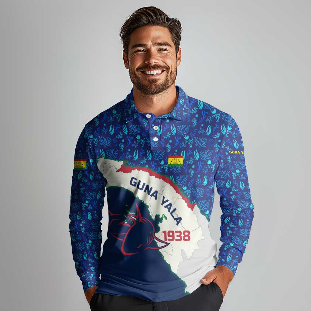 Indigenous Regions of Panama Guna Yala Long Sleeve Polo Shirt with Regional Map Lobster Graphic and Coral Pattern 1938 - Wonder Print Shop