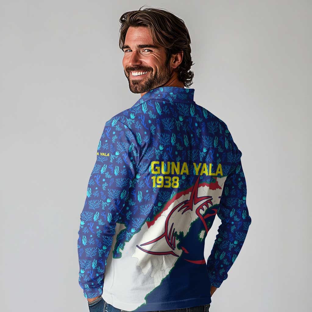 Indigenous Regions of Panama Guna Yala Long Sleeve Polo Shirt with Regional Map Lobster Graphic and Coral Pattern 1938 - Wonder Print Shop