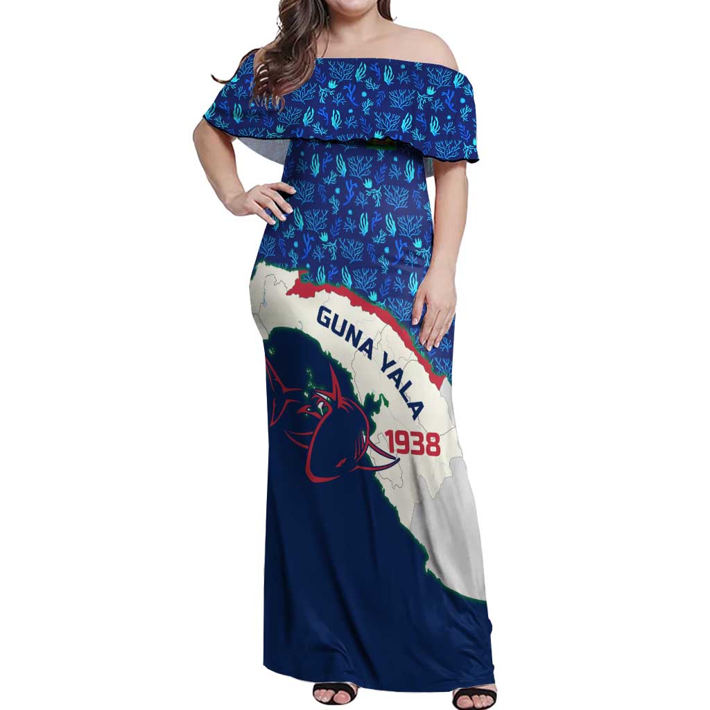 Indigenous Regions of Panama Guna Yala Off Shoulder Maxi Dress with Regional Map Lobster Graphic and Coral Pattern 1938 - Wonder Print Shop