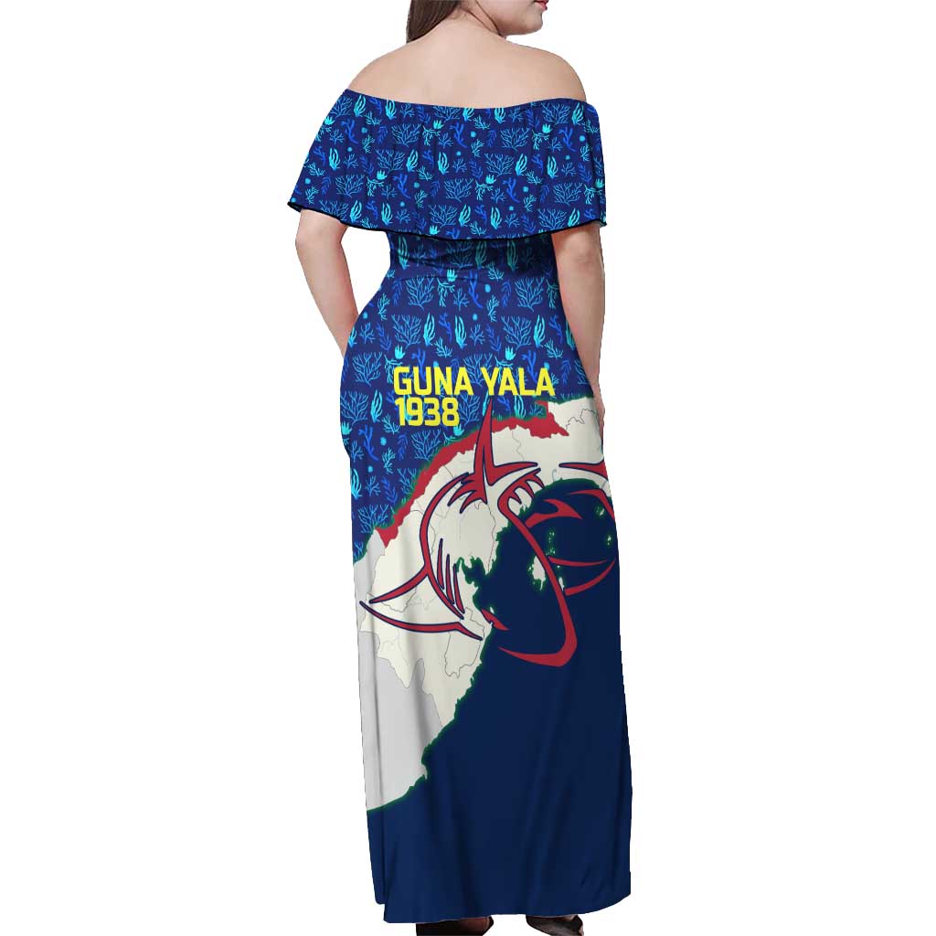 Indigenous Regions of Panama Guna Yala Off Shoulder Maxi Dress with Regional Map Lobster Graphic and Coral Pattern 1938 - Wonder Print Shop