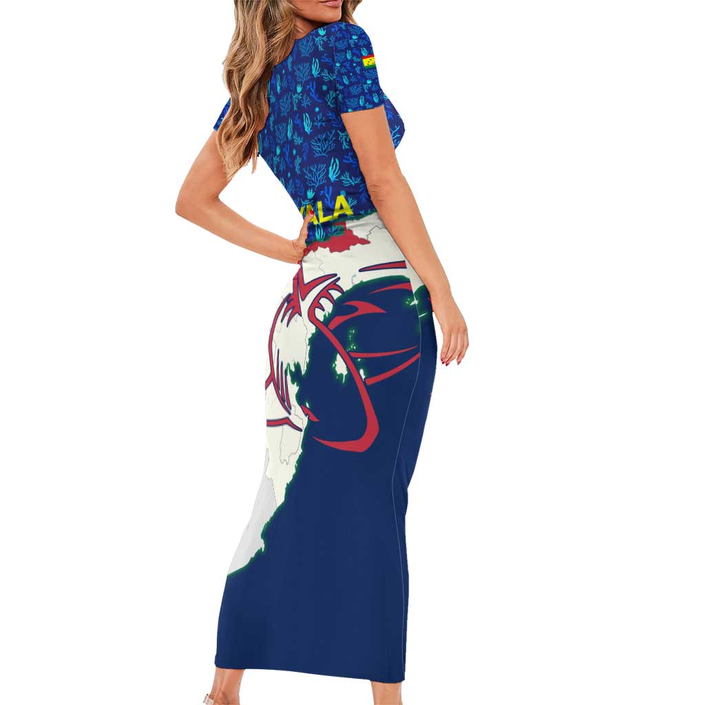 Indigenous Regions of Panama Guna Yala Short Sleeve Bodycon Dress with Regional Map Lobster Graphic and Coral Pattern 1938 - Wonder Print Shop