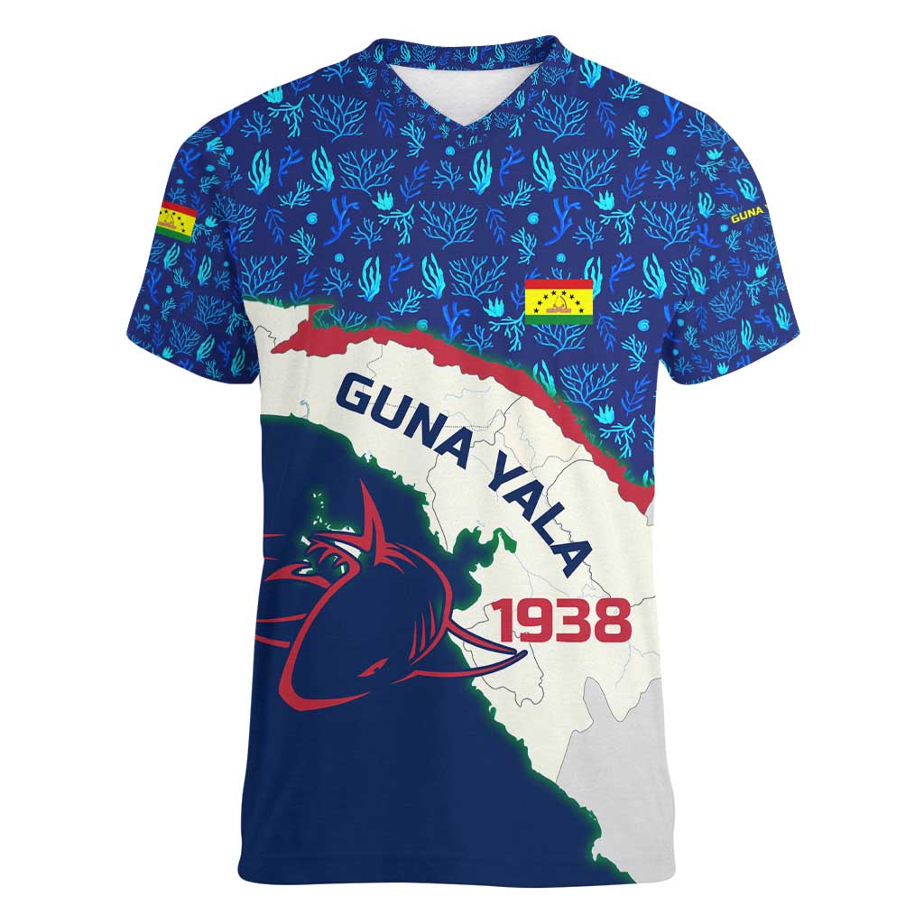 Indigenous Regions of Panama Guna Yala Women V-Neck T-Shirt with Regional Map Lobster Graphic and Coral Pattern 1938 - Wonder Print Shop