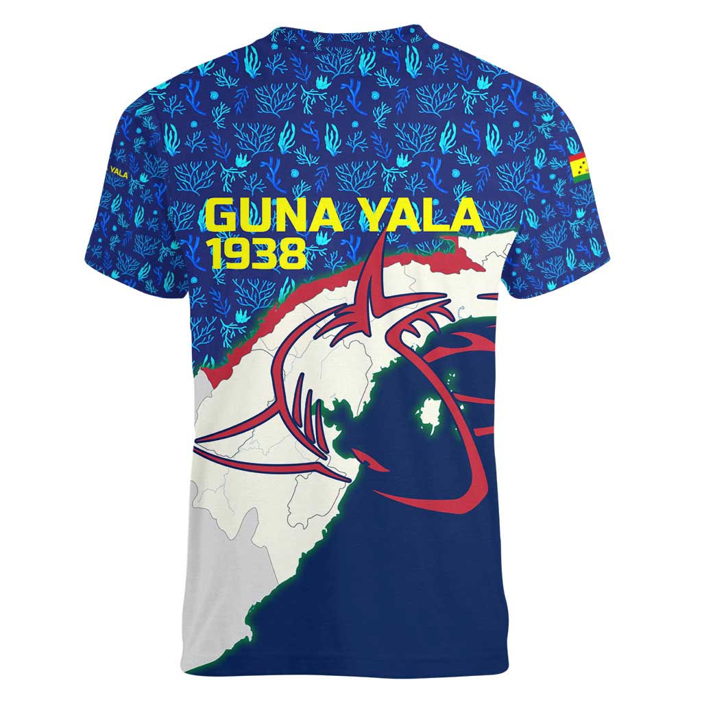 Indigenous Regions of Panama Guna Yala Women V-Neck T-Shirt with Regional Map Lobster Graphic and Coral Pattern 1938 - Wonder Print Shop