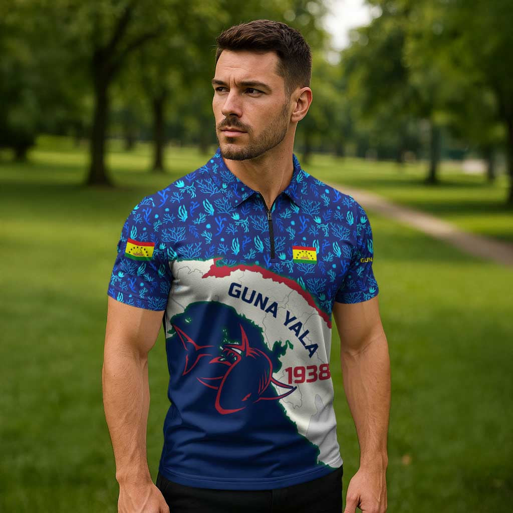 Indigenous Regions of Panama Guna Yala Zipper Polo Shirt with Regional Map Lobster Graphic and Coral Pattern 1938 - Wonder Print Shop