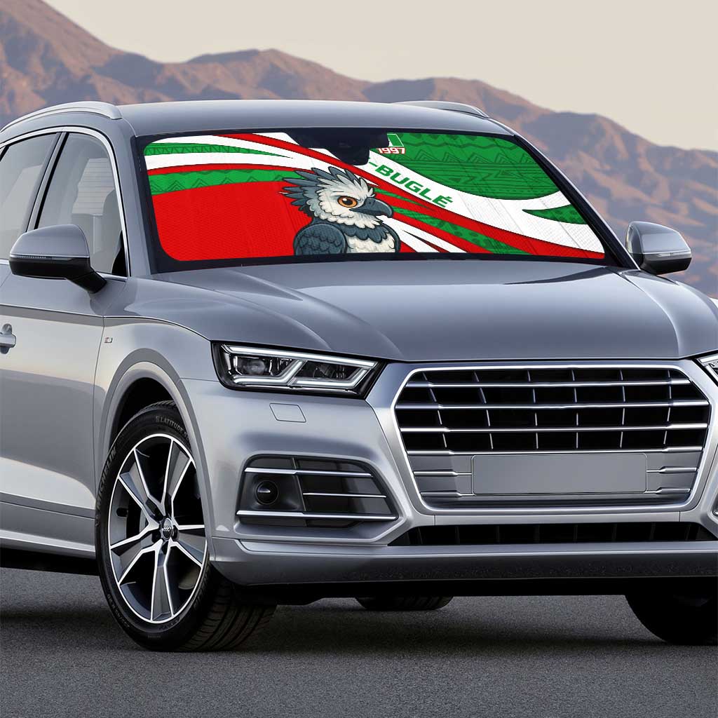 Indigenous Regions of Panama Ngabe-Bugle Auto Sun Shade with Harpy Eagle Graphic and Green Red Tribal Pattern 1997 - Wonder Print Shop