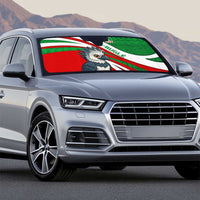 Indigenous Regions of Panama Ngabe-Bugle Auto Sun Shade with Harpy Eagle Graphic and Green Red Tribal Pattern 1997 - Wonder Print Shop