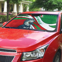 Indigenous Regions of Panama Ngabe-Bugle Auto Sun Shade with Harpy Eagle Graphic and Green Red Tribal Pattern 1997 - Wonder Print Shop