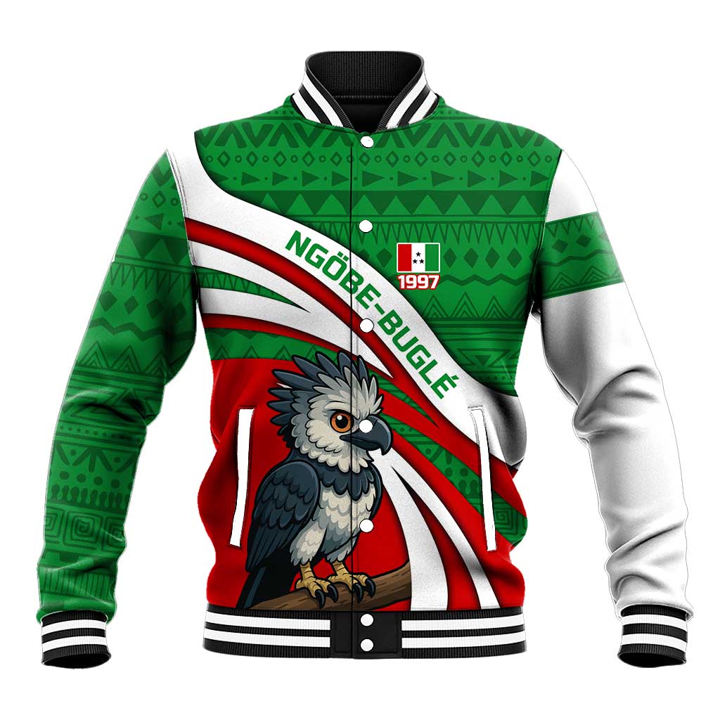 Indigenous Regions of Panama Ngabe-Bugle Baseball Jacket with Harpy Eagle Graphic and Green Red Tribal Pattern 1997 - Wonder Print Shop