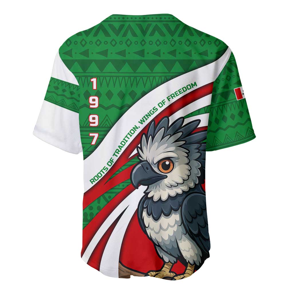 Indigenous Regions of Panama Ngabe-Bugle Baseball Jersey with Harpy Eagle Graphic and Green Red Tribal Pattern 1997 - Wonder Print Shop