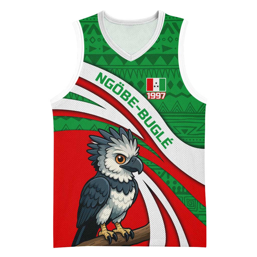 Indigenous Regions of Panama Ngabe-Bugle Basketball Jersey with Harpy Eagle Graphic and Green Red Tribal Pattern 1997 - Wonder Print Shop
