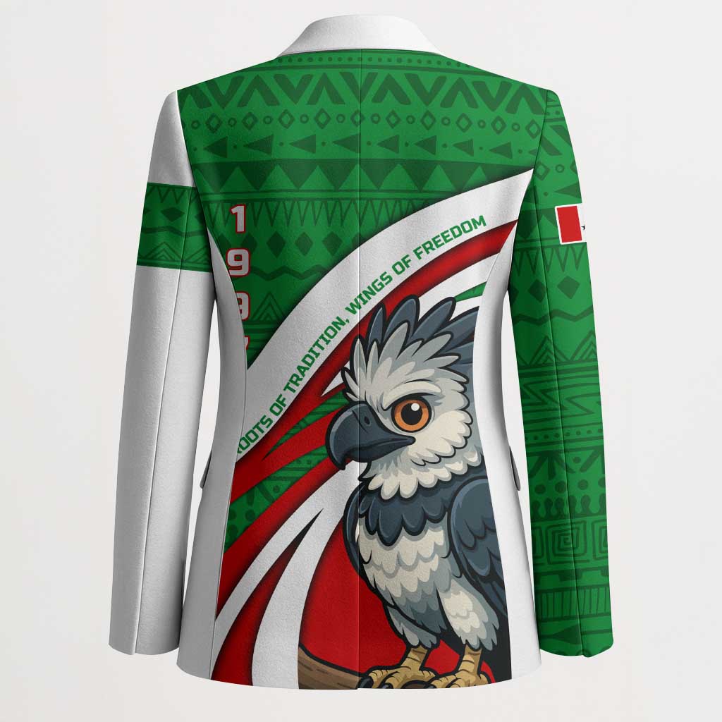 Indigenous Regions of Panama Ngabe-Bugle Blazer with Harpy Eagle Graphic and Green Red Tribal Pattern 1997 - Wonder Print Shop