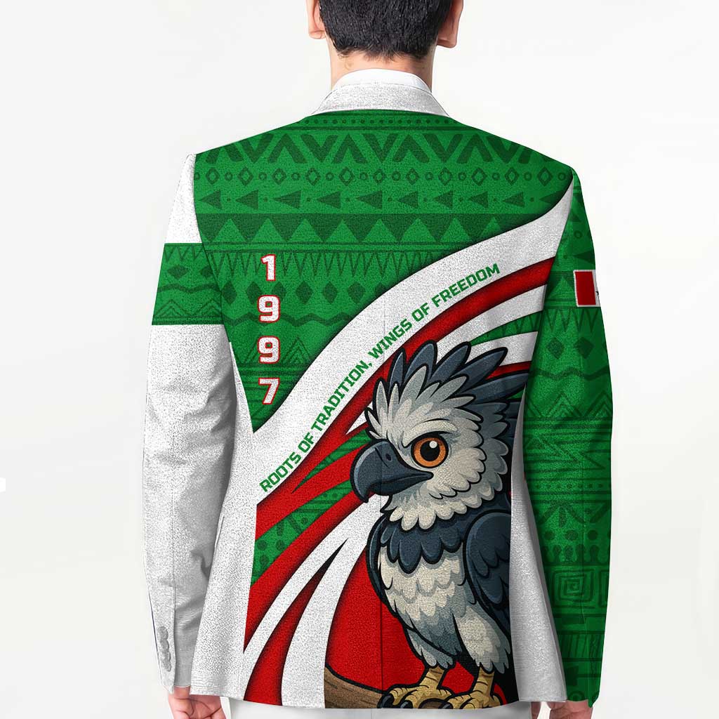Indigenous Regions of Panama Ngabe-Bugle Blazer with Harpy Eagle Graphic and Green Red Tribal Pattern 1997 - Wonder Print Shop