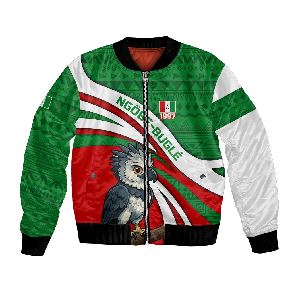 Indigenous Regions of Panama Ngabe-Bugle Bomber Jacket with Harpy Eagle Graphic and Green Red Tribal Pattern 1997 - Wonder Print Shop