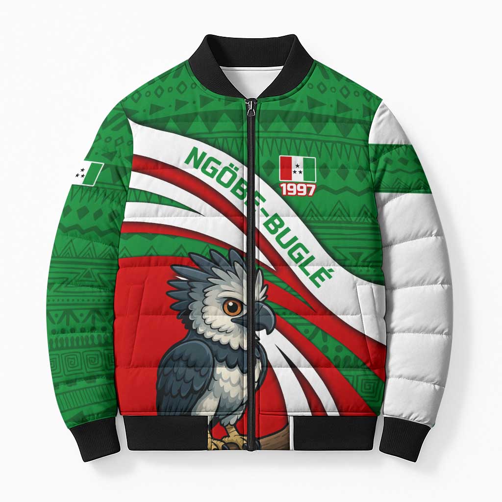 Indigenous Regions of Panama Ngabe-Bugle Bomber Puffer Jacket with Harpy Eagle Graphic and Green Red Tribal Pattern 1997 - Wonder Print Shop