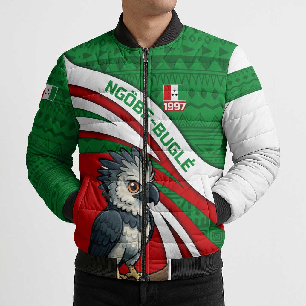 Indigenous Regions of Panama Ngabe-Bugle Bomber Puffer Jacket with Harpy Eagle Graphic and Green Red Tribal Pattern 1997 - Wonder Print Shop