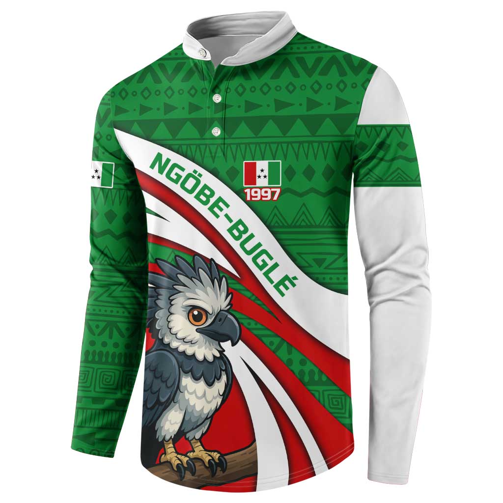 Indigenous Regions of Panama Ngabe-Bugle Button Sweatshirt with Harpy Eagle Graphic and Green Red Tribal Pattern 1997 - Wonder Print Shop