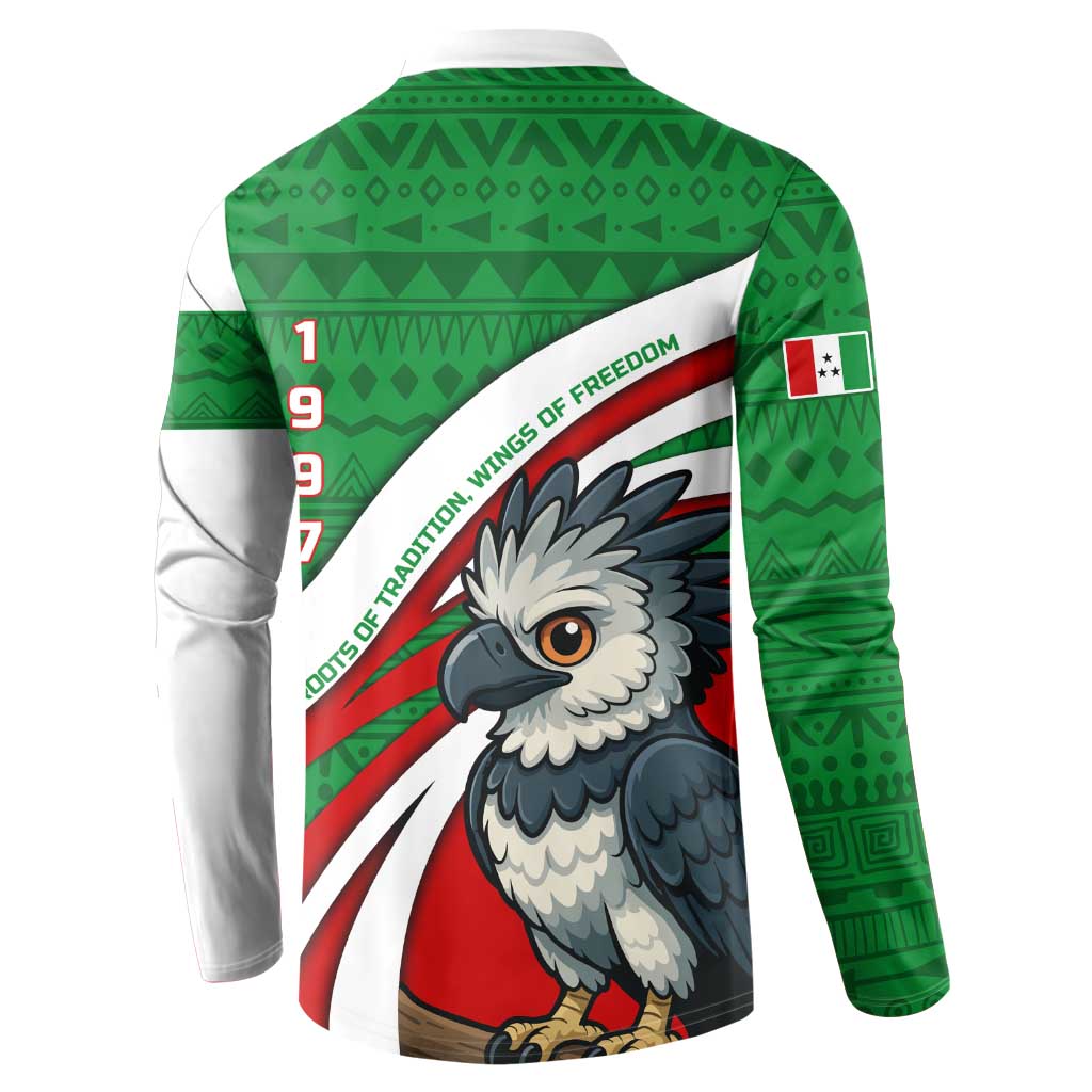 Indigenous Regions of Panama Ngabe-Bugle Button Sweatshirt with Harpy Eagle Graphic and Green Red Tribal Pattern 1997 - Wonder Print Shop