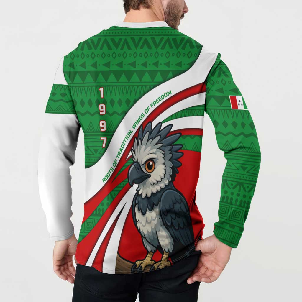 Indigenous Regions of Panama Ngabe-Bugle Button Sweatshirt with Harpy Eagle Graphic and Green Red Tribal Pattern 1997 - Wonder Print Shop