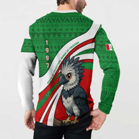 Indigenous Regions of Panama Ngabe-Bugle Button Sweatshirt with Harpy Eagle Graphic and Green Red Tribal Pattern 1997 - Wonder Print Shop
