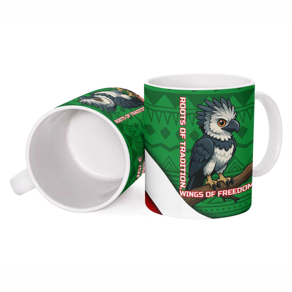 Indigenous Regions of Panama Ngabe-Bugle Ceramic Mug with Harpy Eagle Graphic and Green Red Tribal Pattern 1997 - Wonder Print Shop
