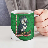 Indigenous Regions of Panama Ngabe-Bugle Ceramic Mug with Harpy Eagle Graphic and Green Red Tribal Pattern 1997 - Wonder Print Shop