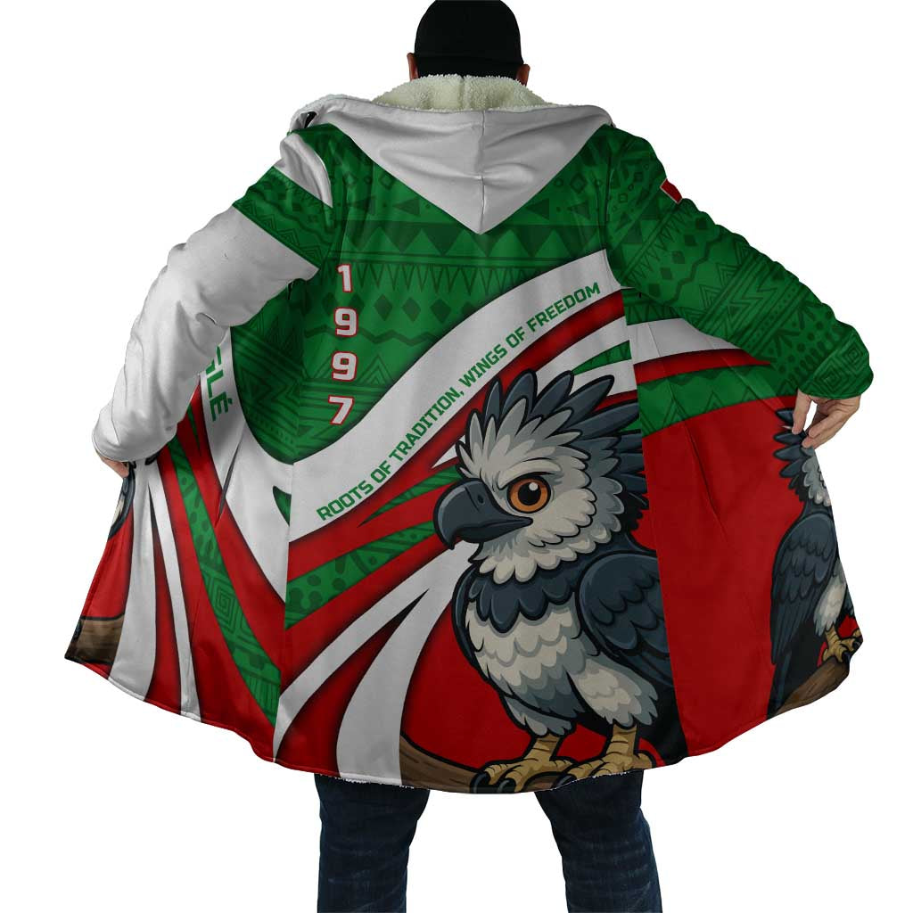 Indigenous Regions of Panama Ngabe-Bugle Cloak with Harpy Eagle Graphic and Green Red Tribal Pattern 1997 - Wonder Print Shop