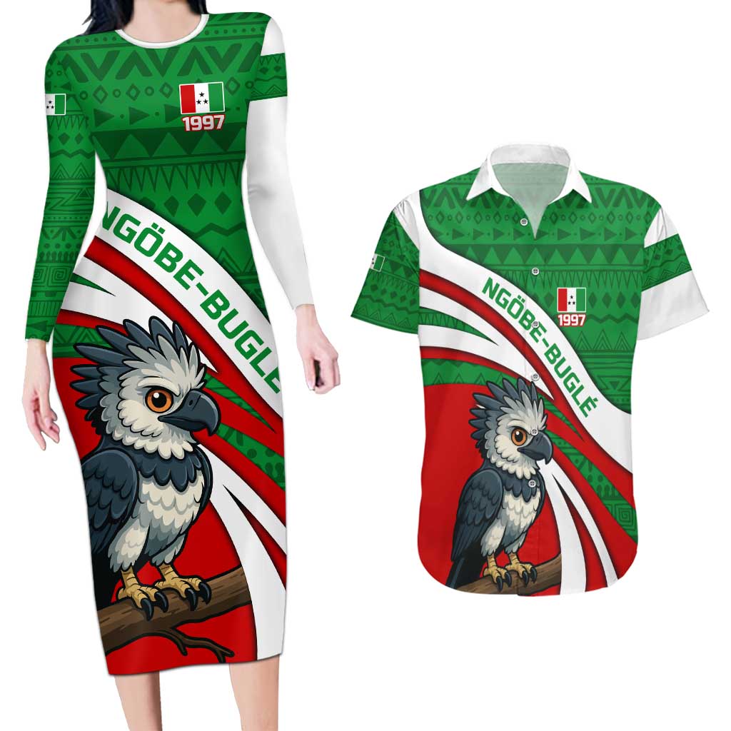 Indigenous Regions of Panama Ngabe-Bugle Couples Matching Long Sleeve Bodycon Dress and Hawaiian Shirt with Harpy Eagle Graphic and Green Red Tribal Pattern 1997 - Wonder Print Shop