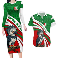 Indigenous Regions of Panama Ngabe-Bugle Couples Matching Long Sleeve Bodycon Dress and Hawaiian Shirt with Harpy Eagle Graphic and Green Red Tribal Pattern 1997 - Wonder Print Shop