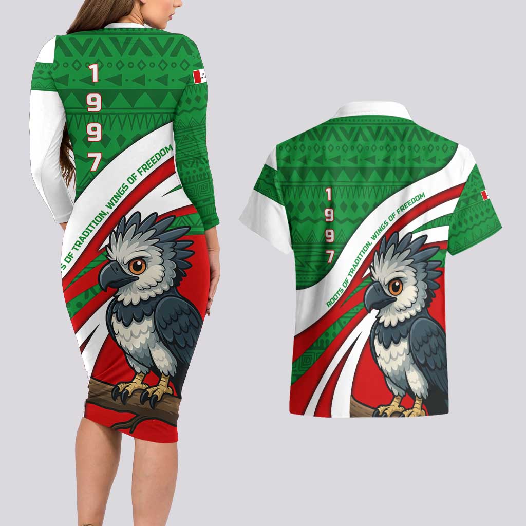 Indigenous Regions of Panama Ngabe-Bugle Couples Matching Long Sleeve Bodycon Dress and Hawaiian Shirt with Harpy Eagle Graphic and Green Red Tribal Pattern 1997 - Wonder Print Shop