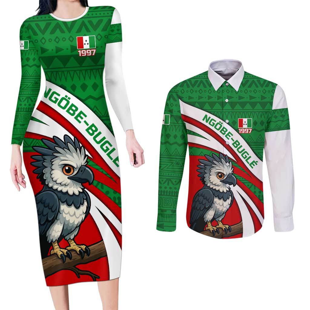 Indigenous Regions of Panama Ngabe-Bugle Couples Matching Long Sleeve Bodycon Dress and Long Sleeve Button Shirt with Harpy Eagle Graphic and Green Red Tribal Pattern 1997 - Wonder Print Shop