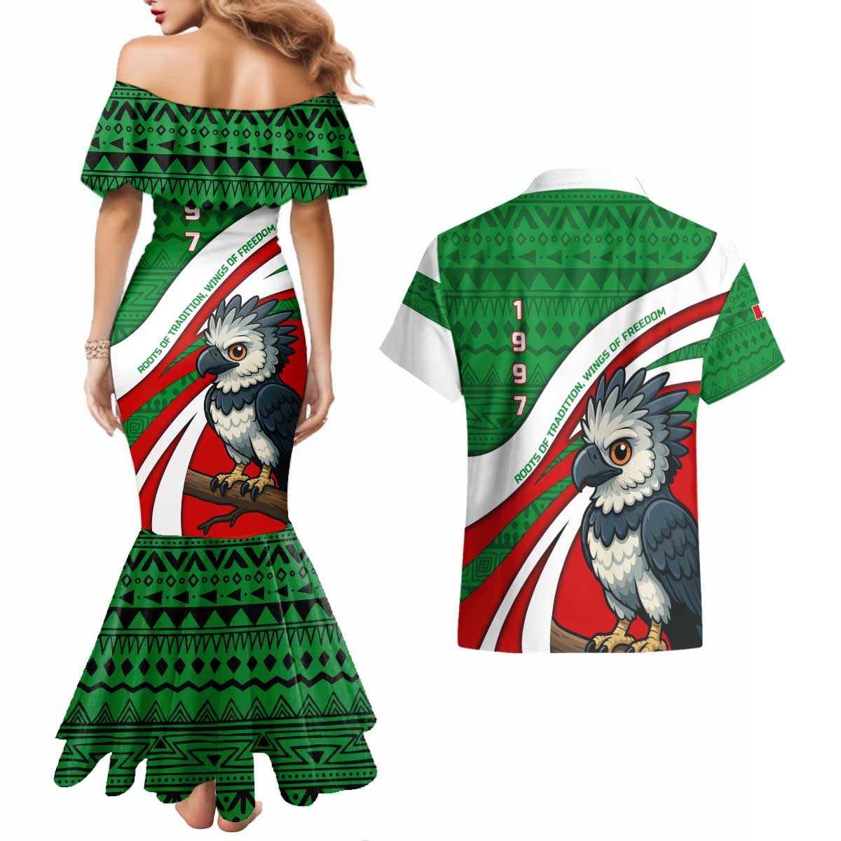 Indigenous Regions of Panama Ngabe-Bugle Couples Matching Mermaid Dress and Hawaiian Shirt with Harpy Eagle Graphic and Green Red Tribal Pattern 1997 - Wonder Print Shop