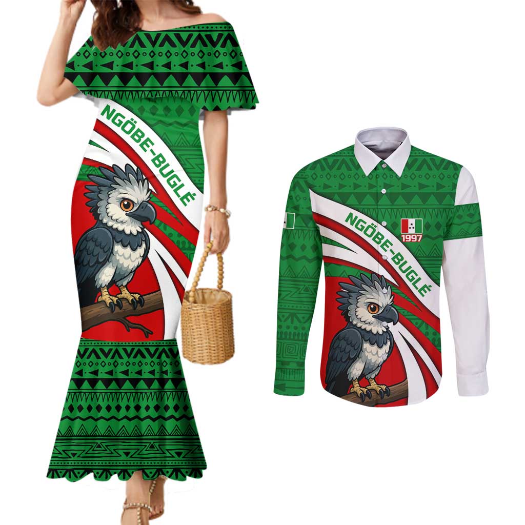 Indigenous Regions of Panama Ngabe-Bugle Couples Matching Mermaid Dress and Long Sleeve Button Shirt with Harpy Eagle Graphic and Green Red Tribal Pattern 1997 - Wonder Print Shop