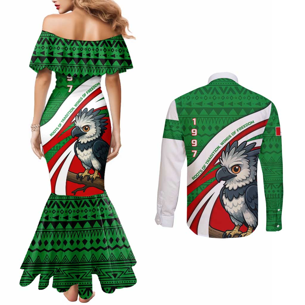 Indigenous Regions of Panama Ngabe-Bugle Couples Matching Mermaid Dress and Long Sleeve Button Shirt with Harpy Eagle Graphic and Green Red Tribal Pattern 1997 - Wonder Print Shop