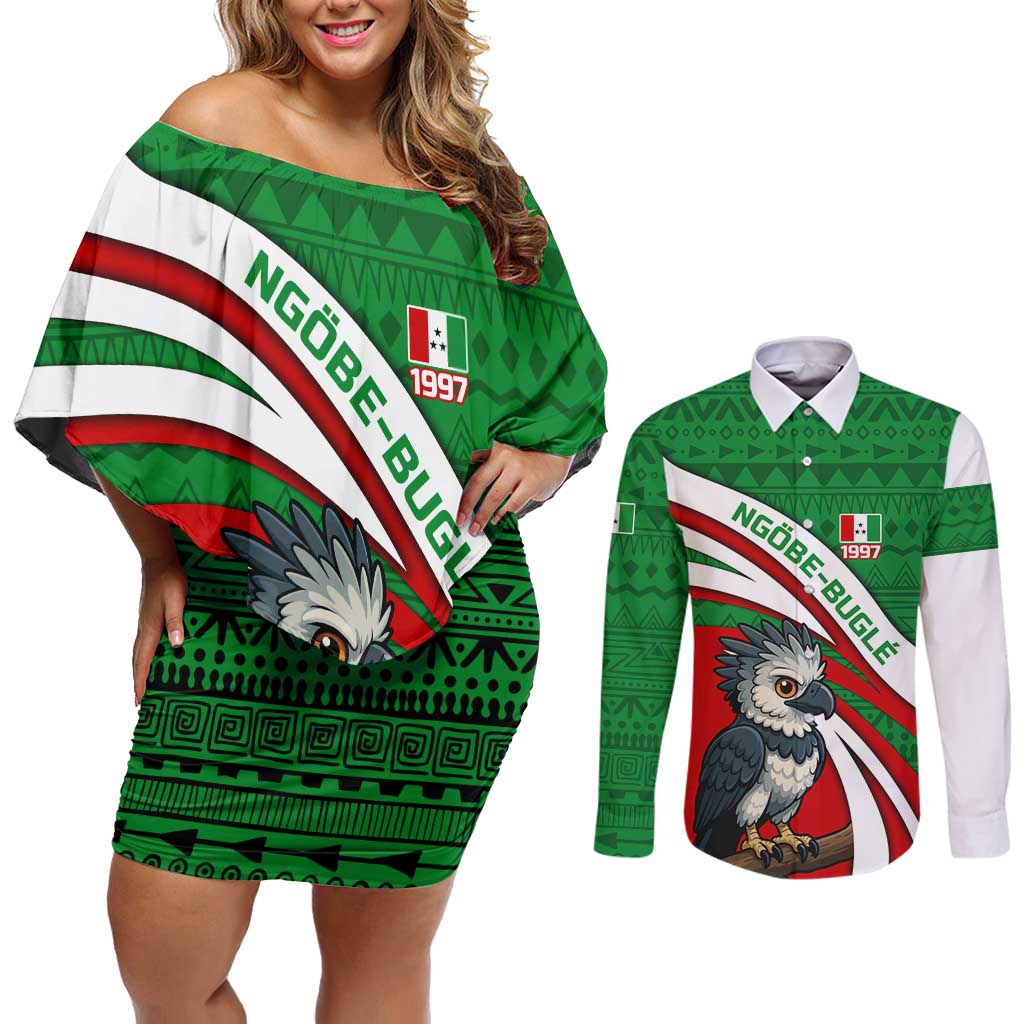 Indigenous Regions of Panama Ngabe-Bugle Couples Matching Off Shoulder Short Dress and Long Sleeve Button Shirt with Harpy Eagle Graphic and Green Red Tribal Pattern 1997 - Wonder Print Shop