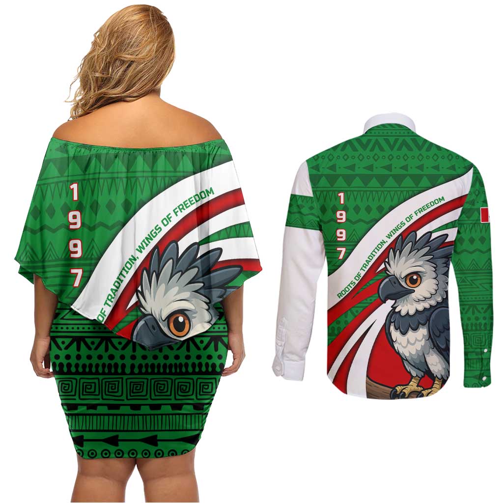 Indigenous Regions of Panama Ngabe-Bugle Couples Matching Off Shoulder Short Dress and Long Sleeve Button Shirt with Harpy Eagle Graphic and Green Red Tribal Pattern 1997 - Wonder Print Shop